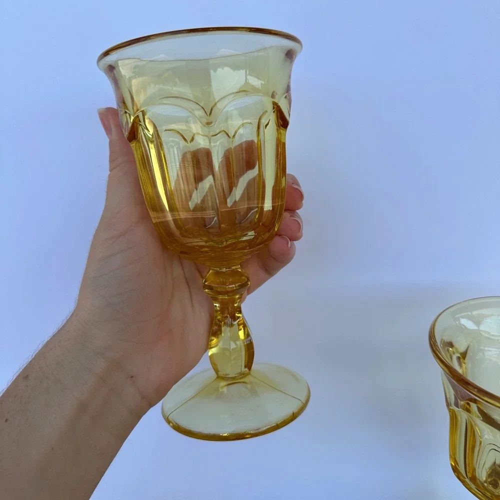Vintage Amber Glass Goblets Set of 2 Fluted Stemware Mid Century Modern Yellow